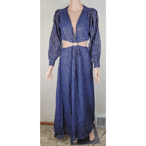 Delfi Collective Cerise navy blue metallic gold polka dot silk dress medium - Picture 4 of 15